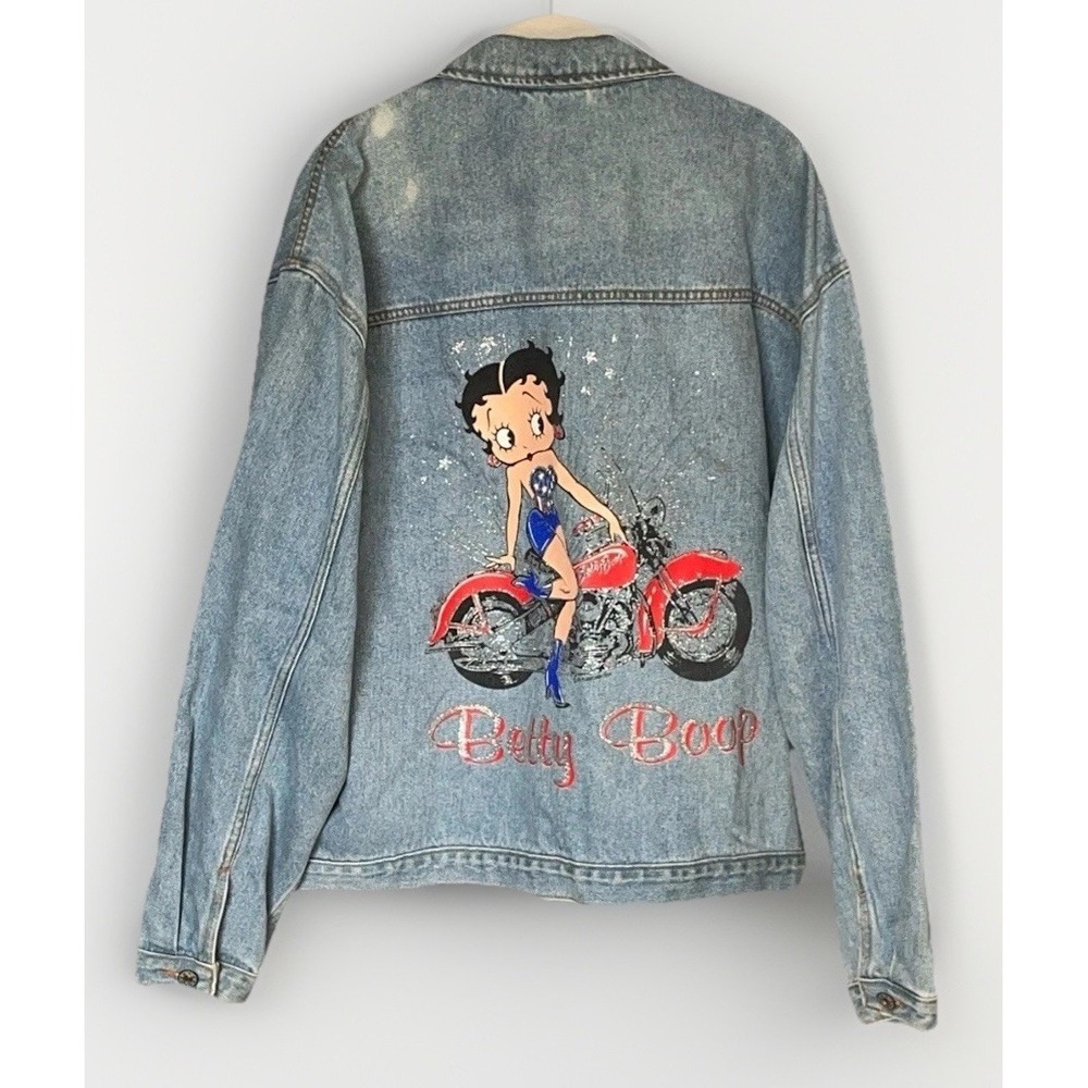 Betty Boop Vintage Denim Trucker Jacket XL‎ Diamond Dust Motorcycle